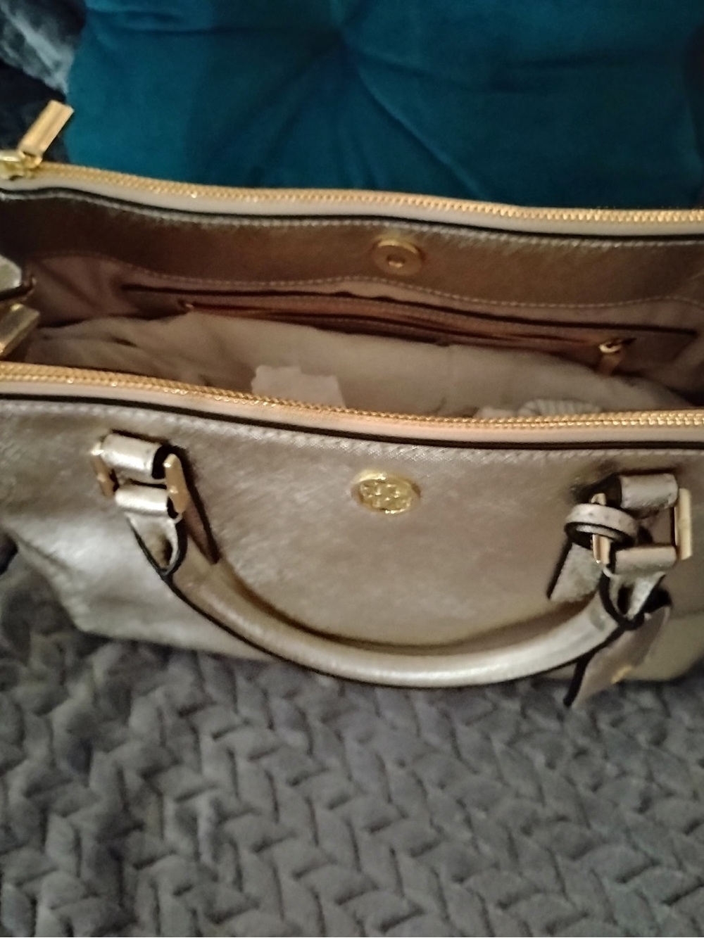 Tory Burch Metallic Gold Structured Handbag. Barely worn in excellent condition